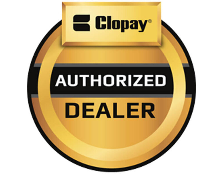 Gold and black "Clopay Authorized Dealer" badge with a rounded design, proudly displayed near me.