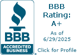 BBB Accredited Business logo with a rating of A+ as of 6/29/2025, and a note to click for profile.