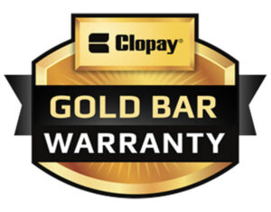 Clopay Gold Bar Warranty logo featuring a gold shield with black ribbon and bold text displaying the brand name and warranty type.