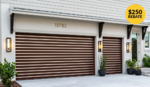 Modern house exterior with two brown and white horizontal-striped garage doors, potted plants, house number 13782, and a yellow $250 rebate badge in the top right corner.