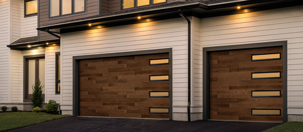 Modern house exterior with white siding, black trim, and two wooden garage doors with horizontal rectangular windows, illuminated by outdoor lights at dusk.